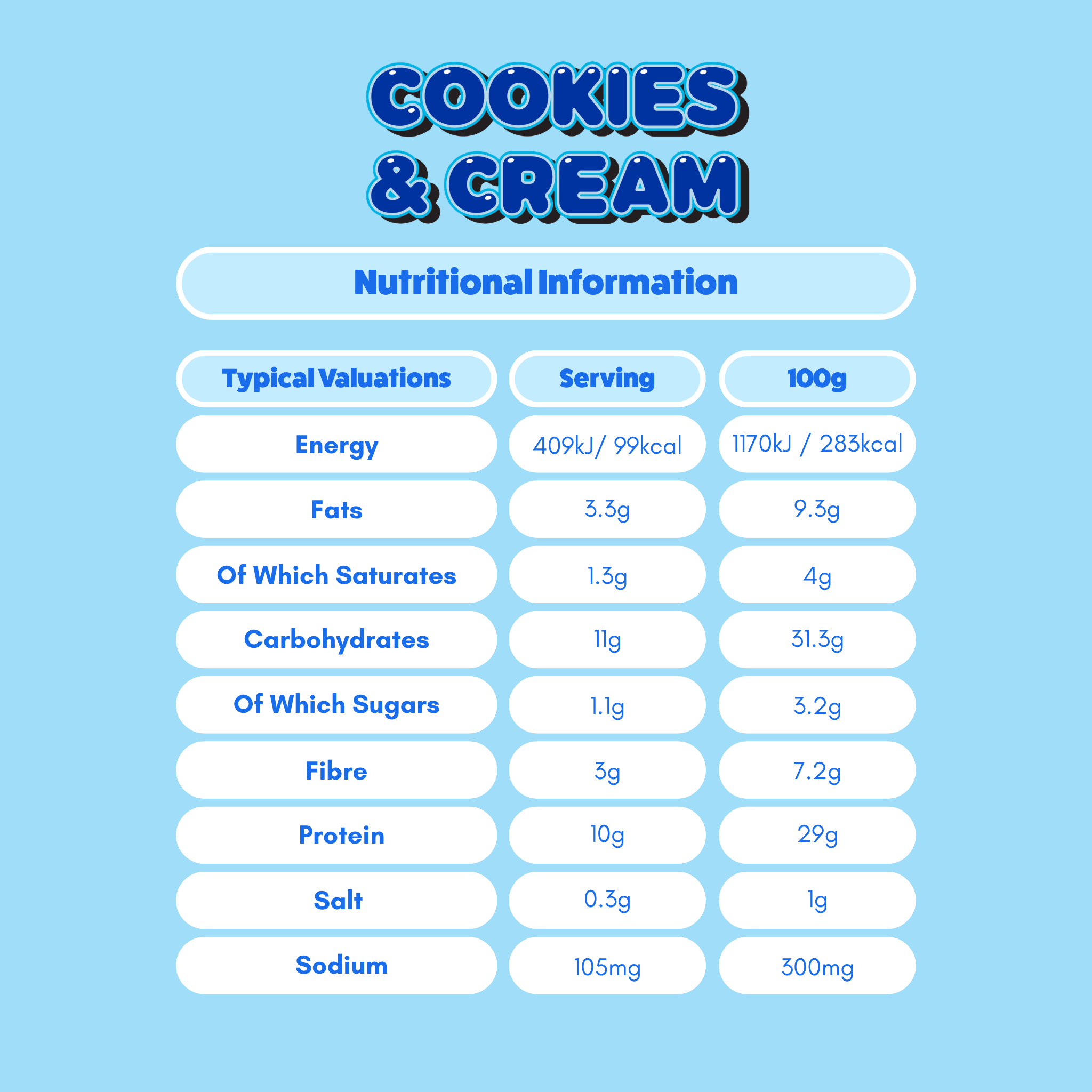 yubi cookies cream protein bar low sugar calories gluten free vegan nutritional table