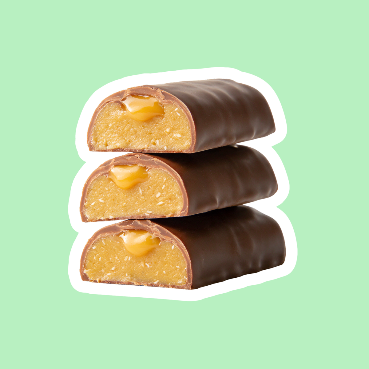 Salted Caramel Soft bars cut open showing milk chocolate coating, soft centre and gooey caramel