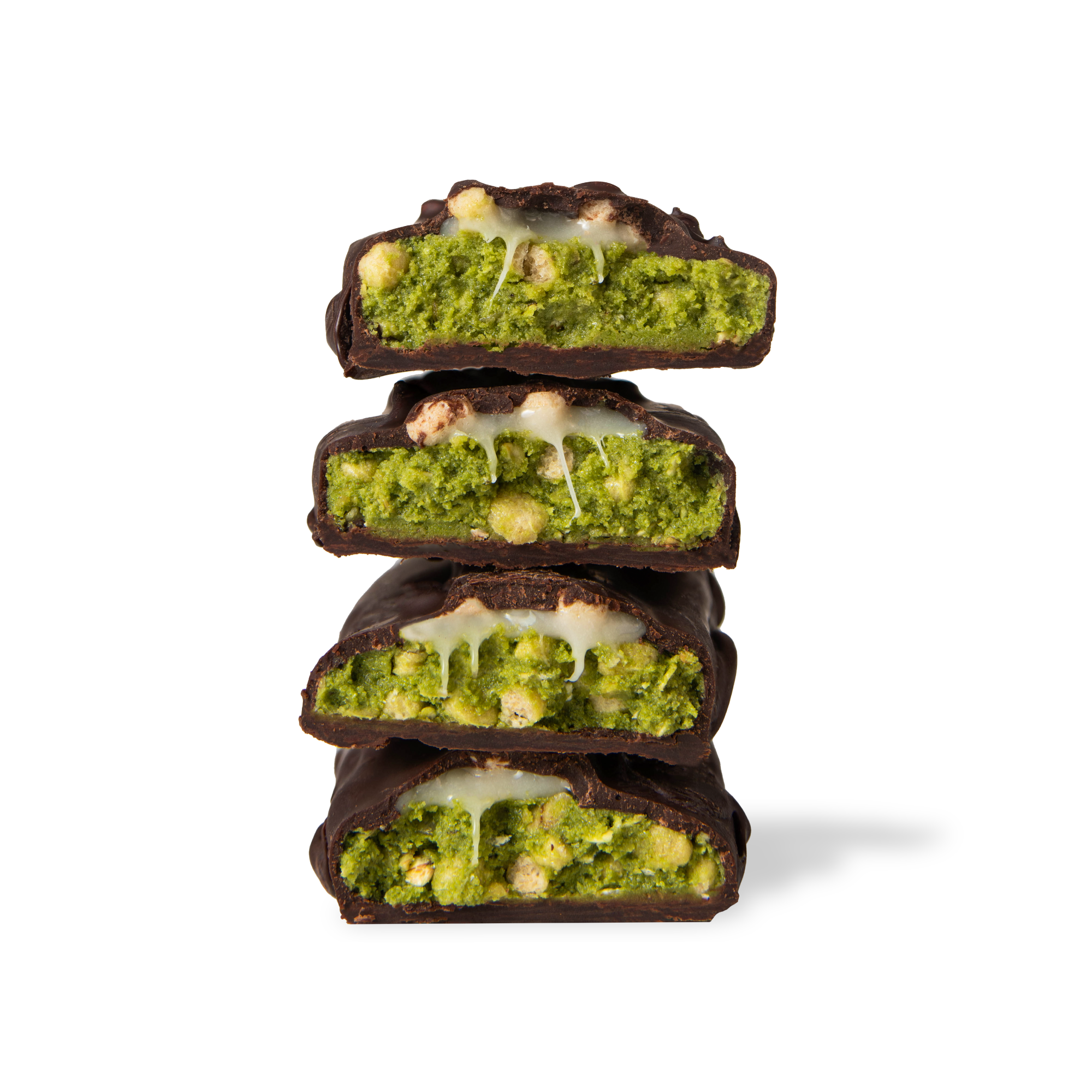 stack of yubibar Dark Choc Matcha Protein Bar showing the inside