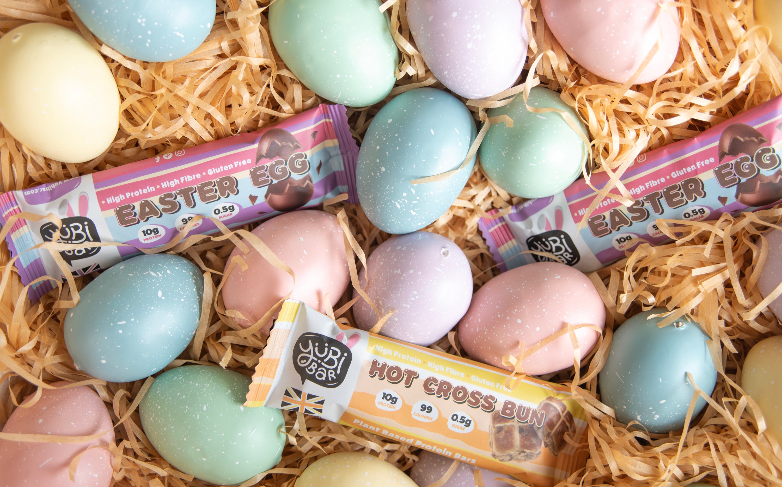 YubiBar Easter Protein Bars in a basket with easter eggs