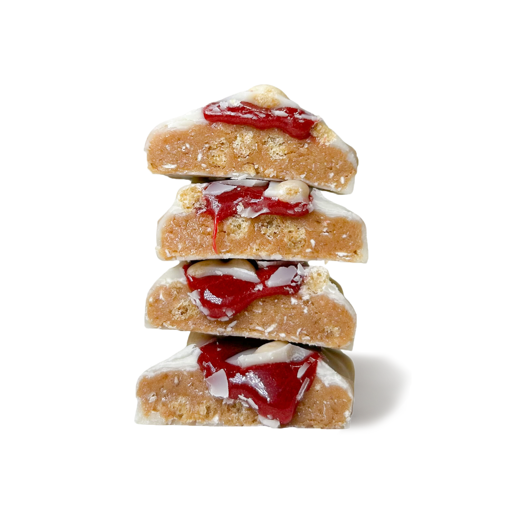 stack of yubibar Raspberry Ripple Protein Bars showing the inside