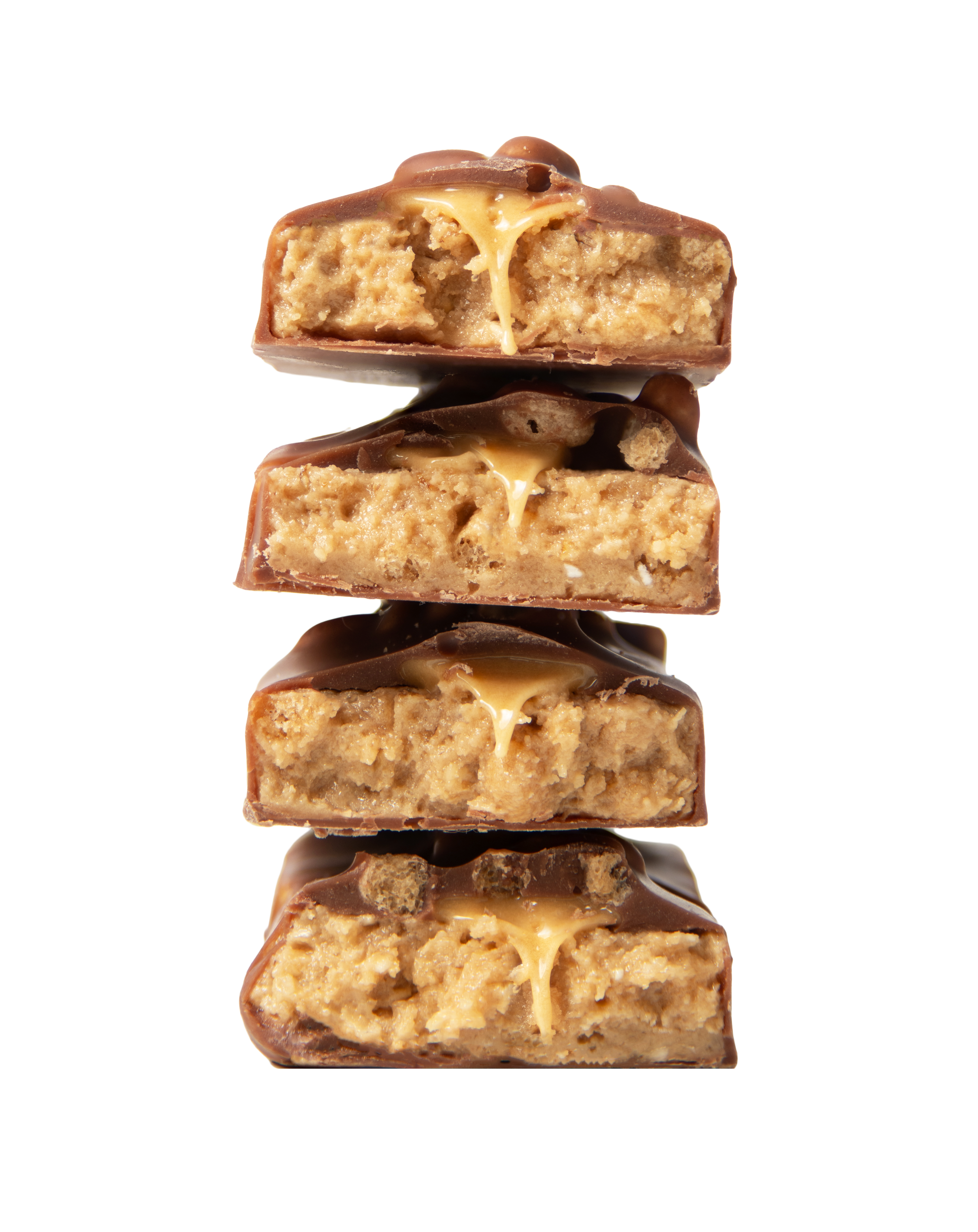 stack of yubibar Salted Pretzel Protein Bars showing the inside