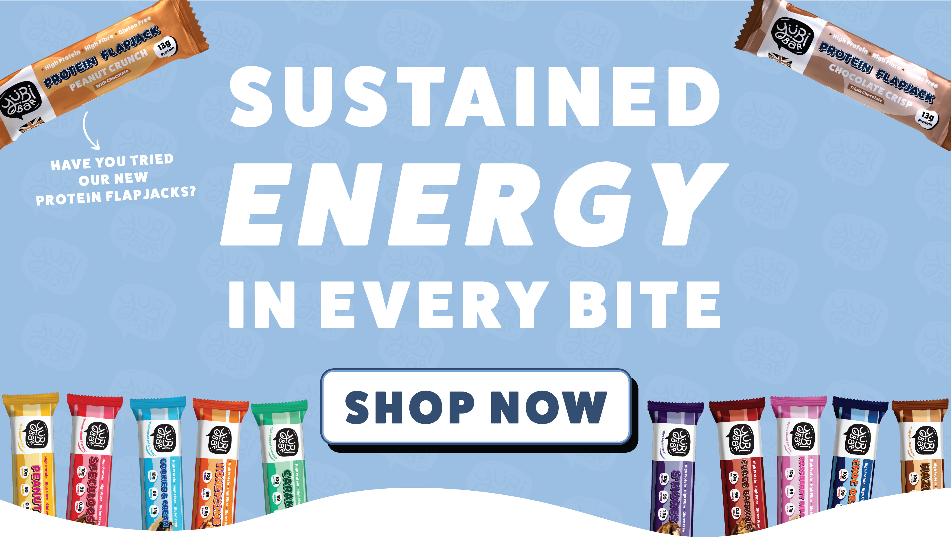 Graphic displaying protein bars & flapjacks by YubiBar