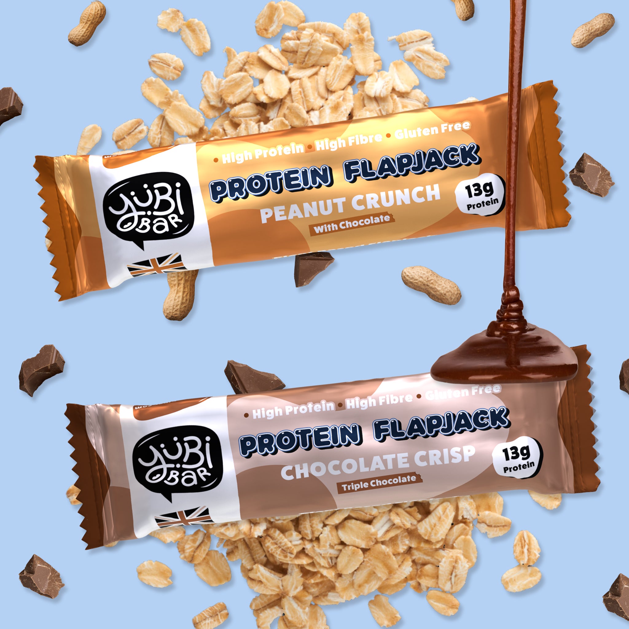 Yubibar low sugar high fibre protein flapjacks variety in peanut and chocolate