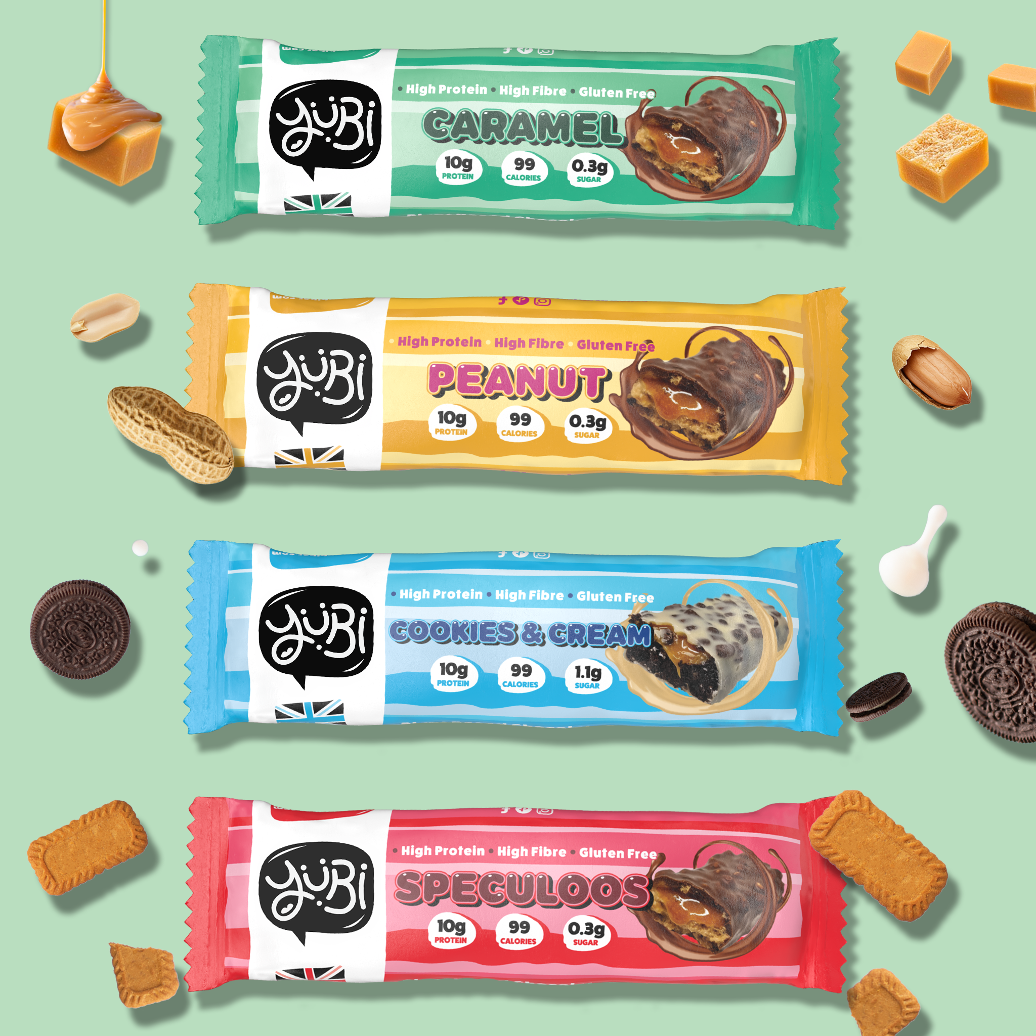 yubi protein bar variety multipack low sugar calories gluten free vegan peanut caramel cookies cream oreo speculoos biscoff