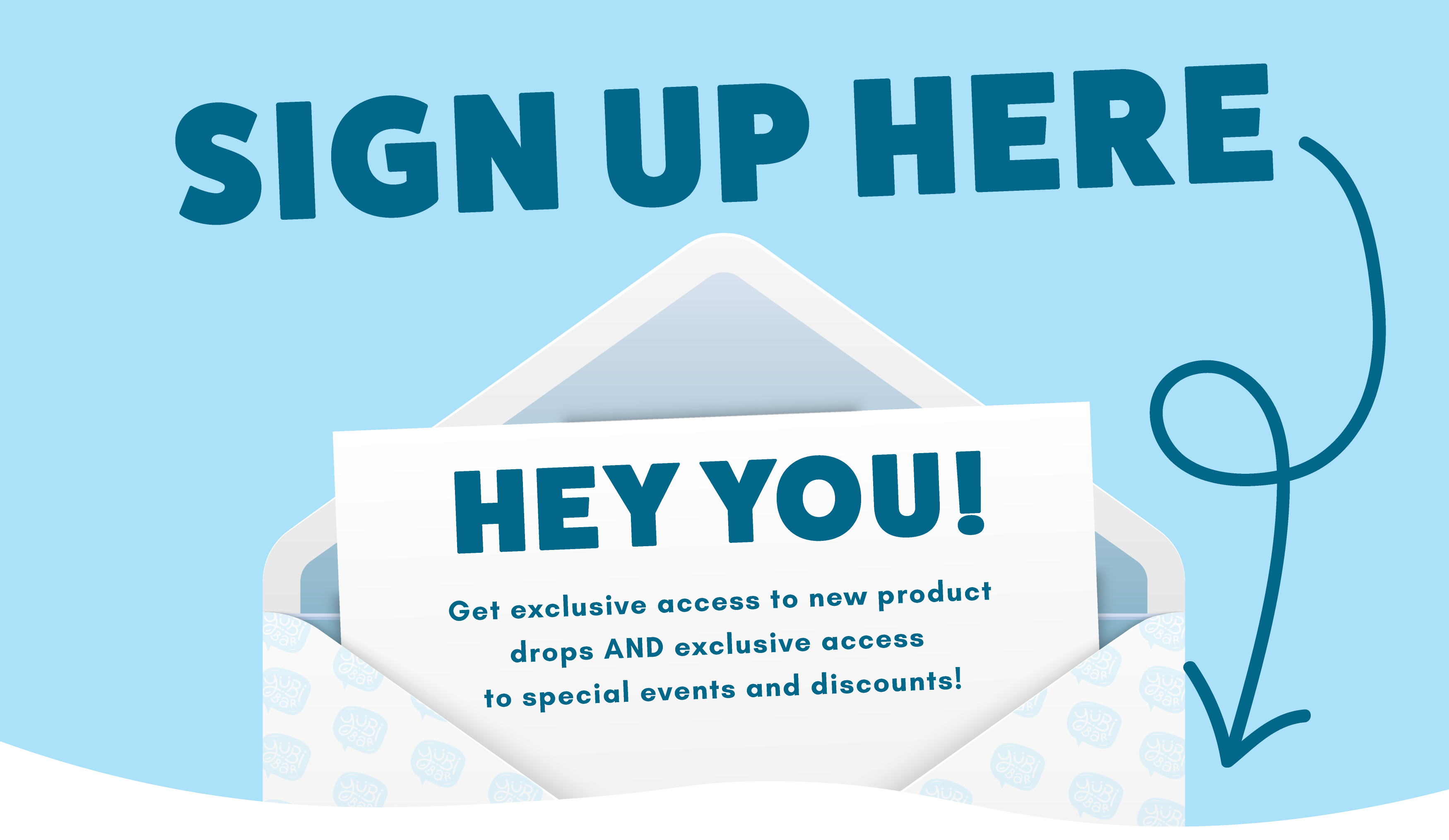 Yubibar newsletter sign up banner with branded envelope