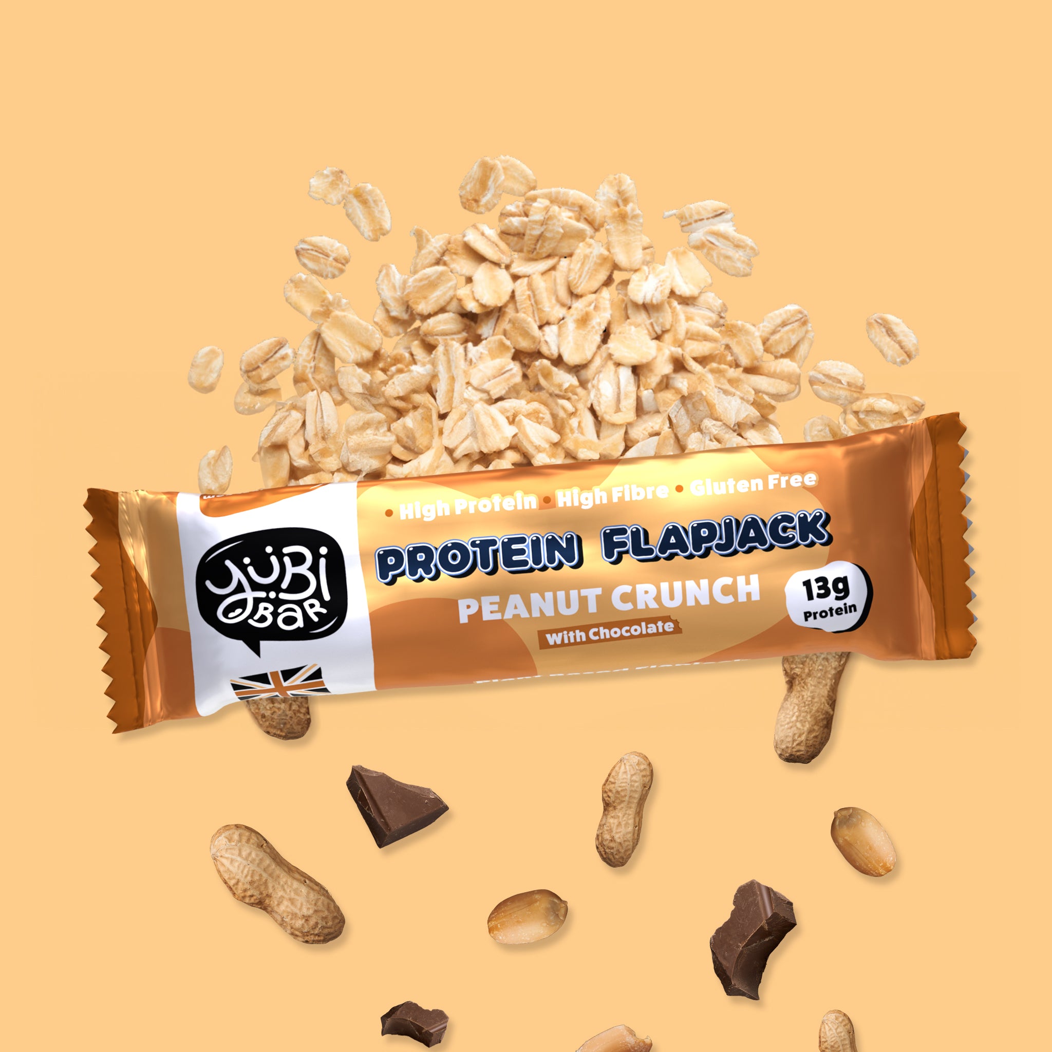 YubiBar Peanut Protein Flapjack - low sugar, high protein, high fibre, gluten free and plant based protein snack