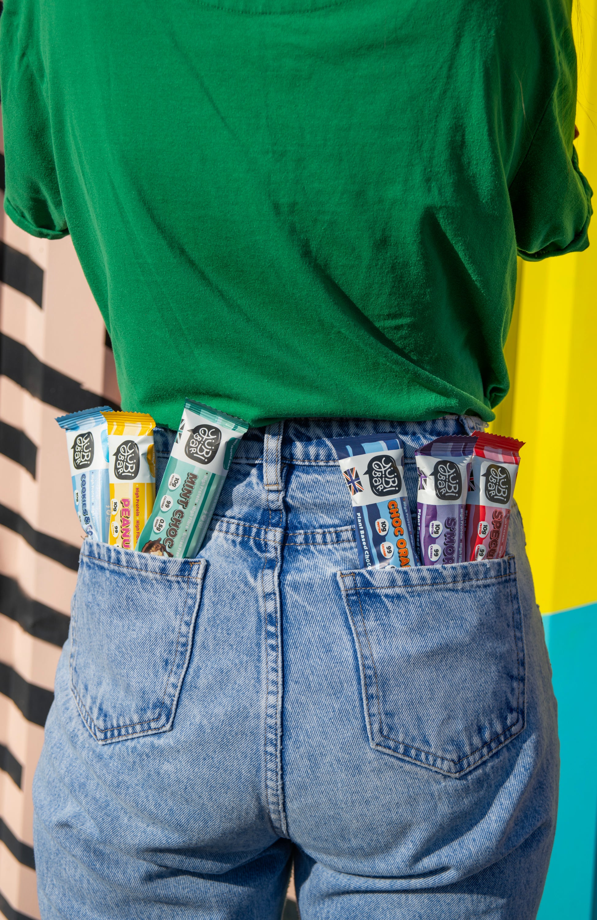 99 Calorie Low Sugar Protein Bars from YubiBar in back pocket