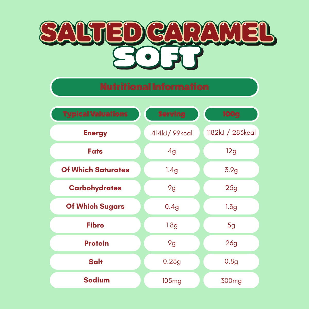 Salted Caramel Soft nutrition information: 99 kcal, 9g protein, 0.4g sugar per bar