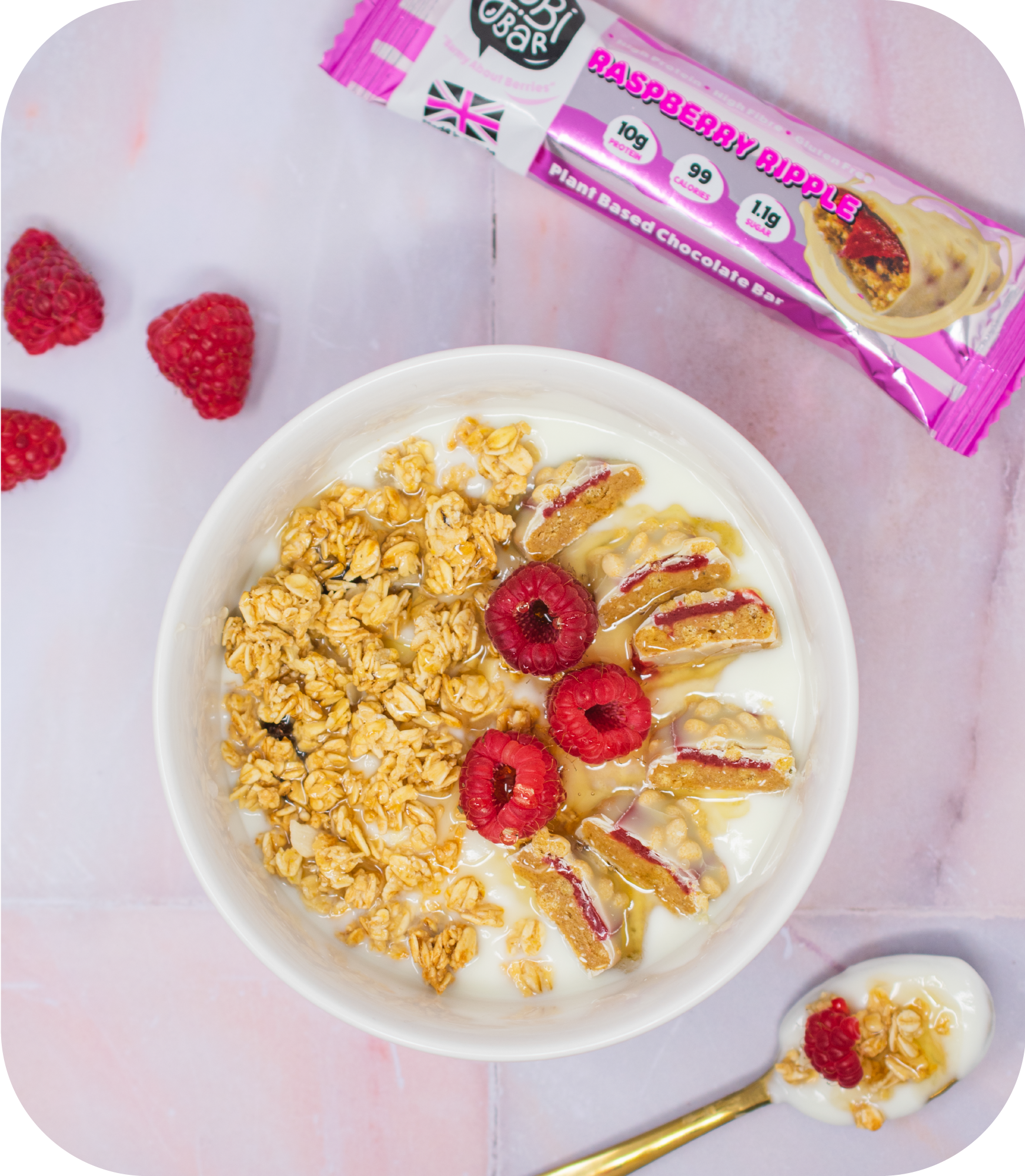 yubibar raspberry ripple white chocolate protein bar with granola