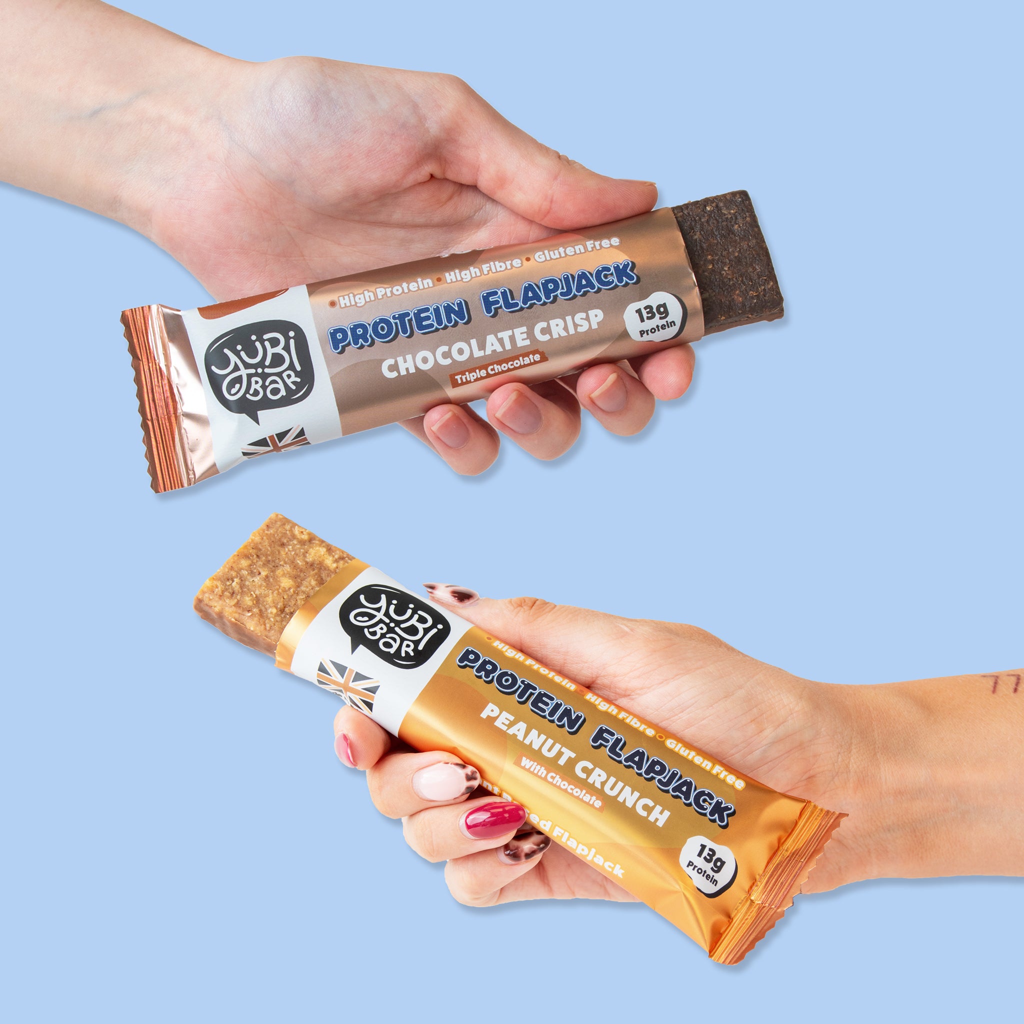hands holding low sugar high protein flapjacks by yubibar