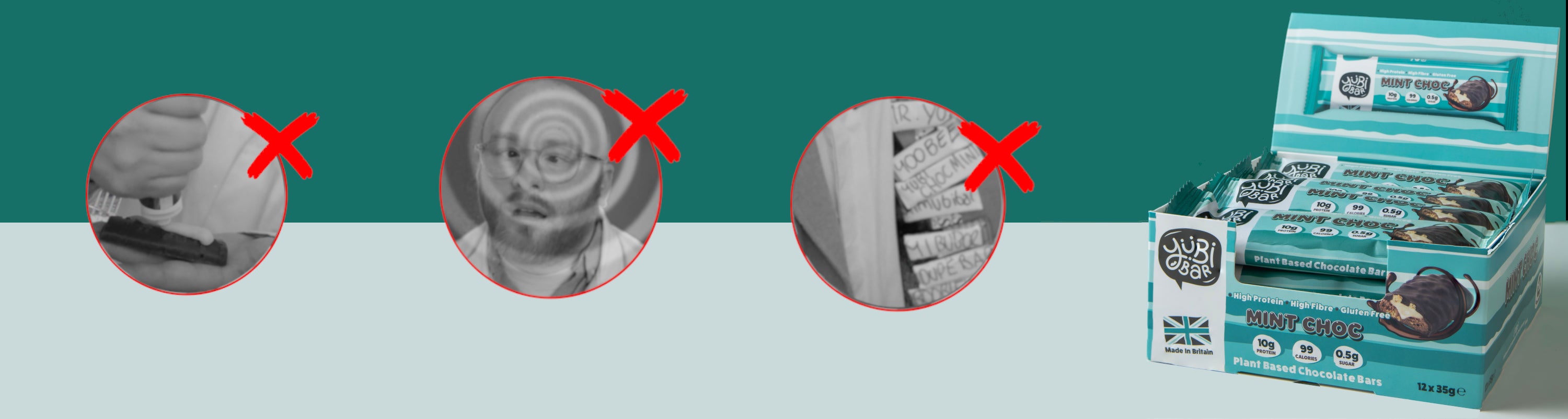 Mint Choc Protein Bar box banner with funny annotations