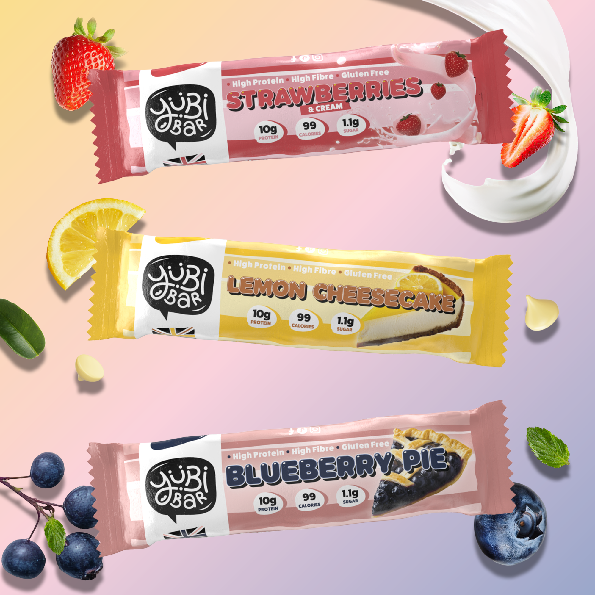 Yubi bar summer protein bars strawberries cream lemon cheesecake blueberry pie white choc