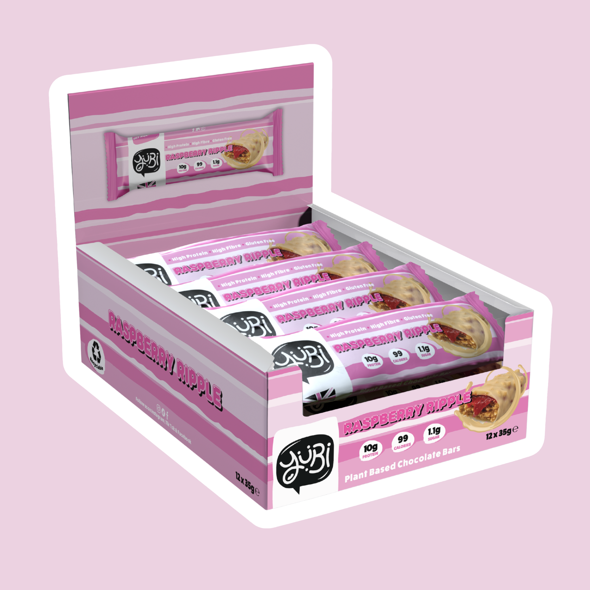 yubi protein bar raspberry ripple white chocolate multipack low sugar calories gluten free vegan 