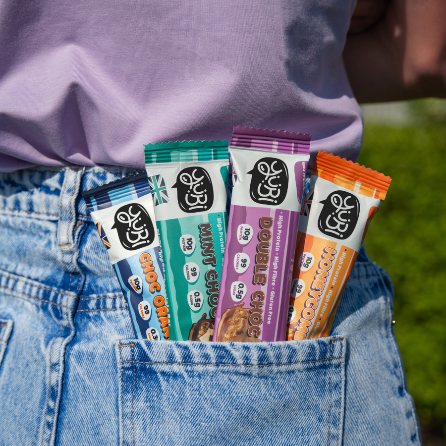 yubi protein bars in back pocket
