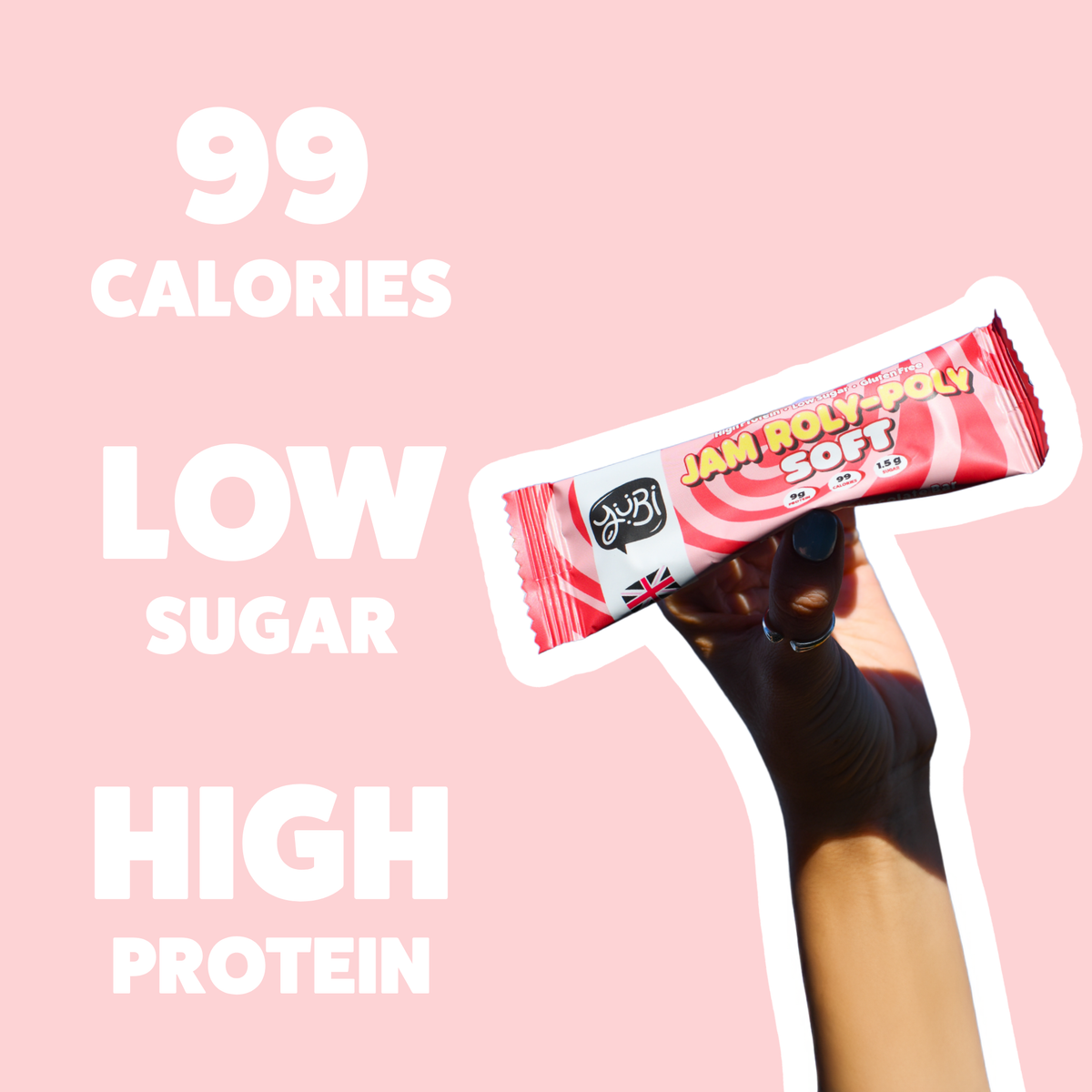 Hand holding a Jam Roly-Poly Soft bar: 99 calories, low sugar, high protein