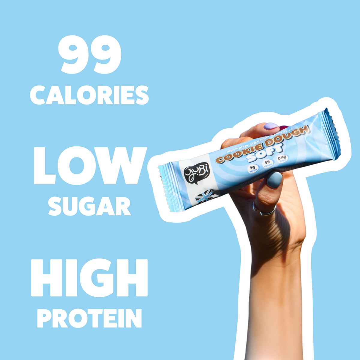 Hand holding a Cookie Dough Soft bar: 99 calories, low sugar, high protein