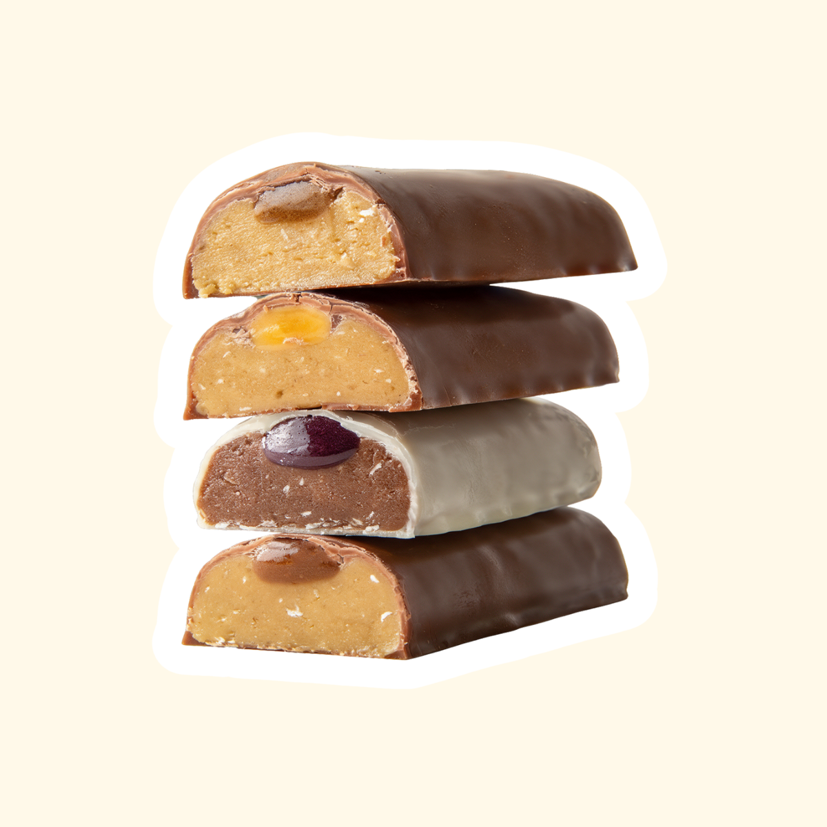 All four Soft bars cut open showing their soft centres and gooey fillings