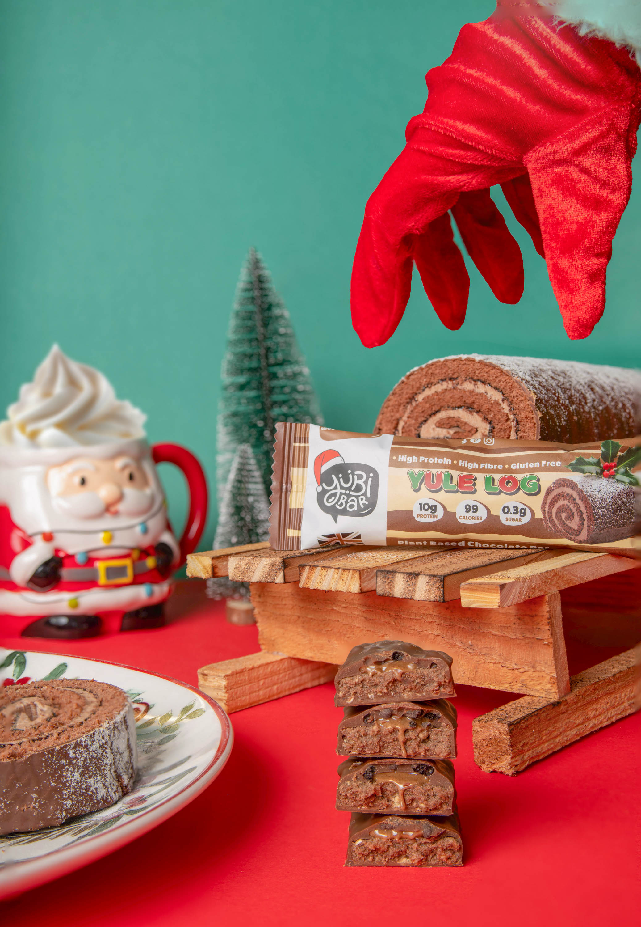 YuBi yule log christmas protein bars with a yul log and christmas trees