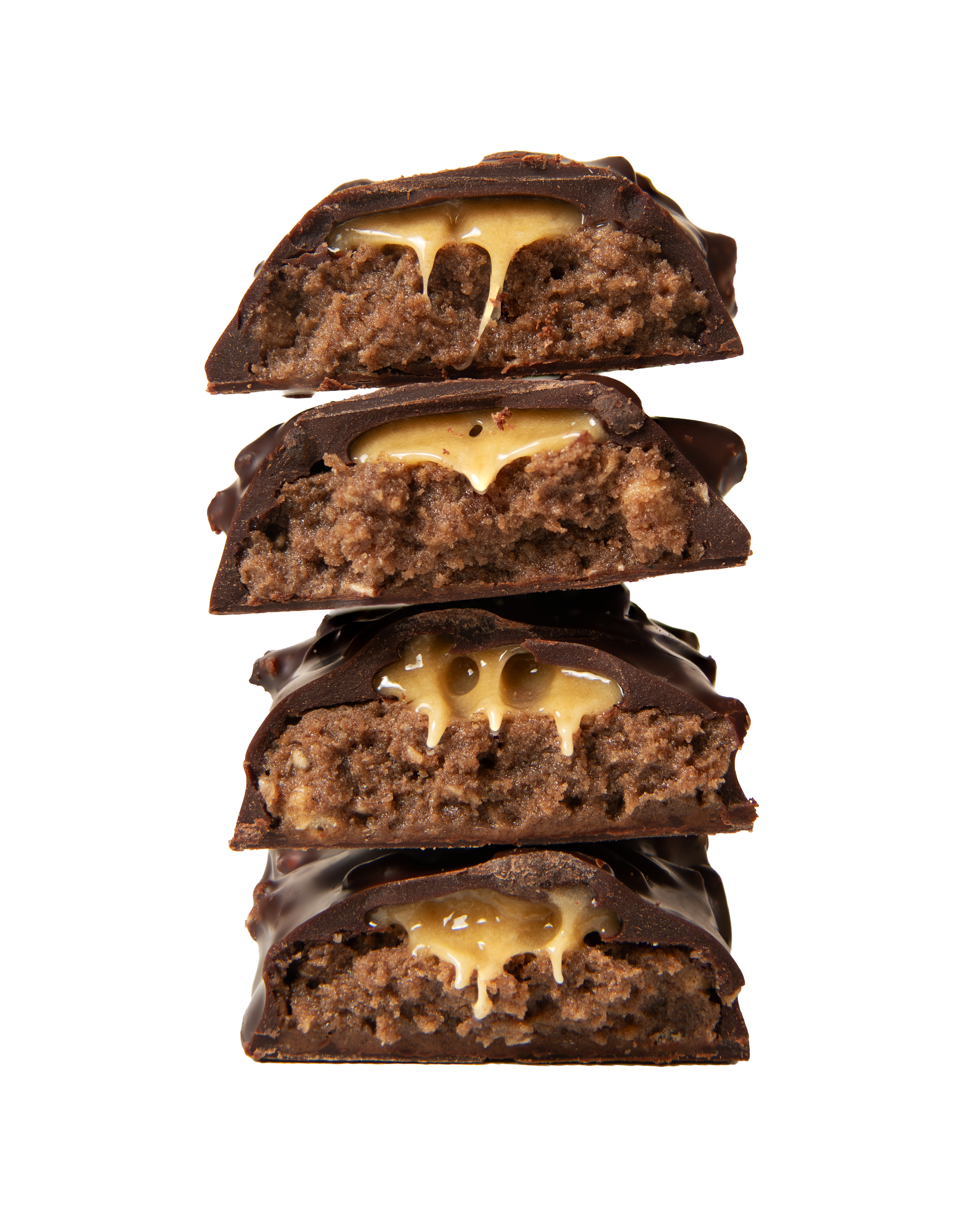 stack of yubibar Fudge Brownie Protein Bars showing the inside