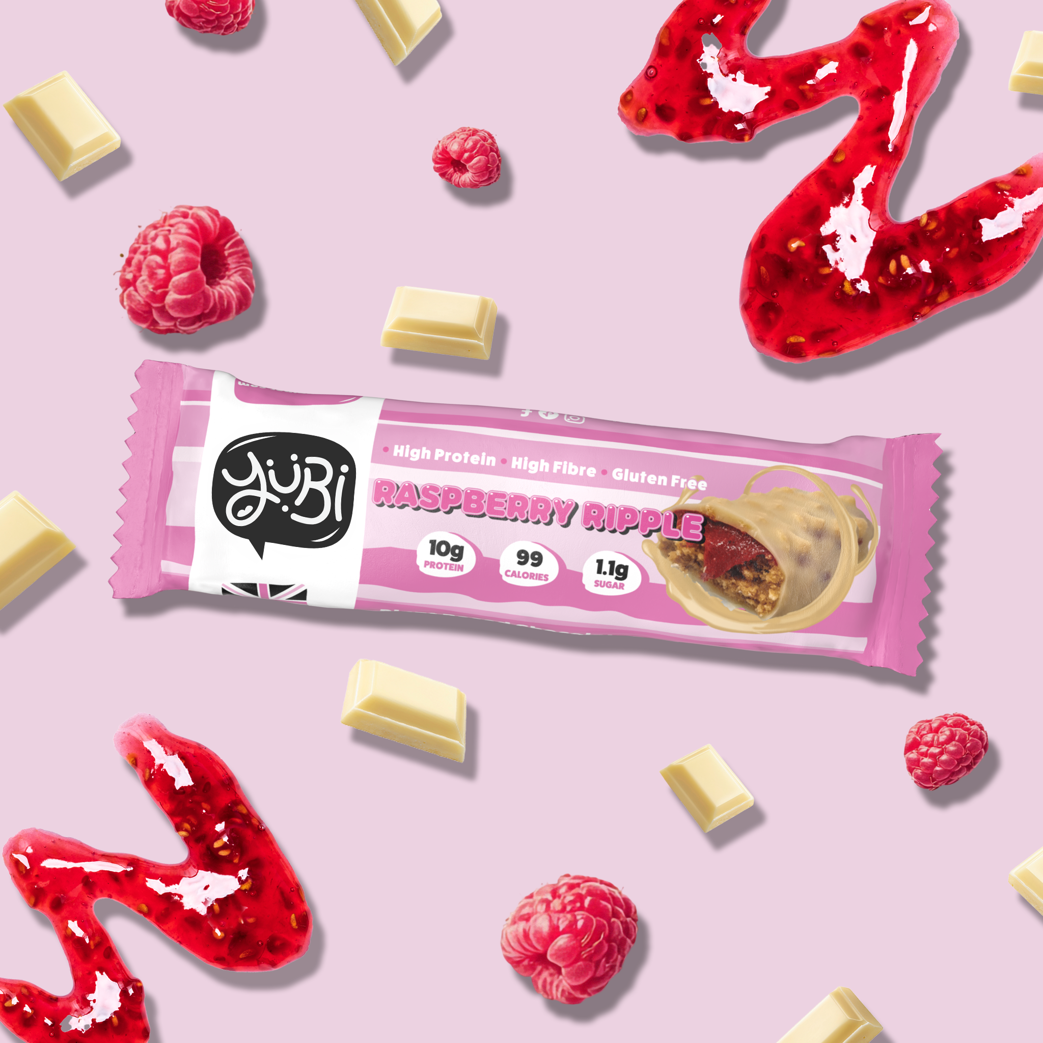 yubi protein bar raspberry ripple white chocolate low sugar calories gluten free vegan 