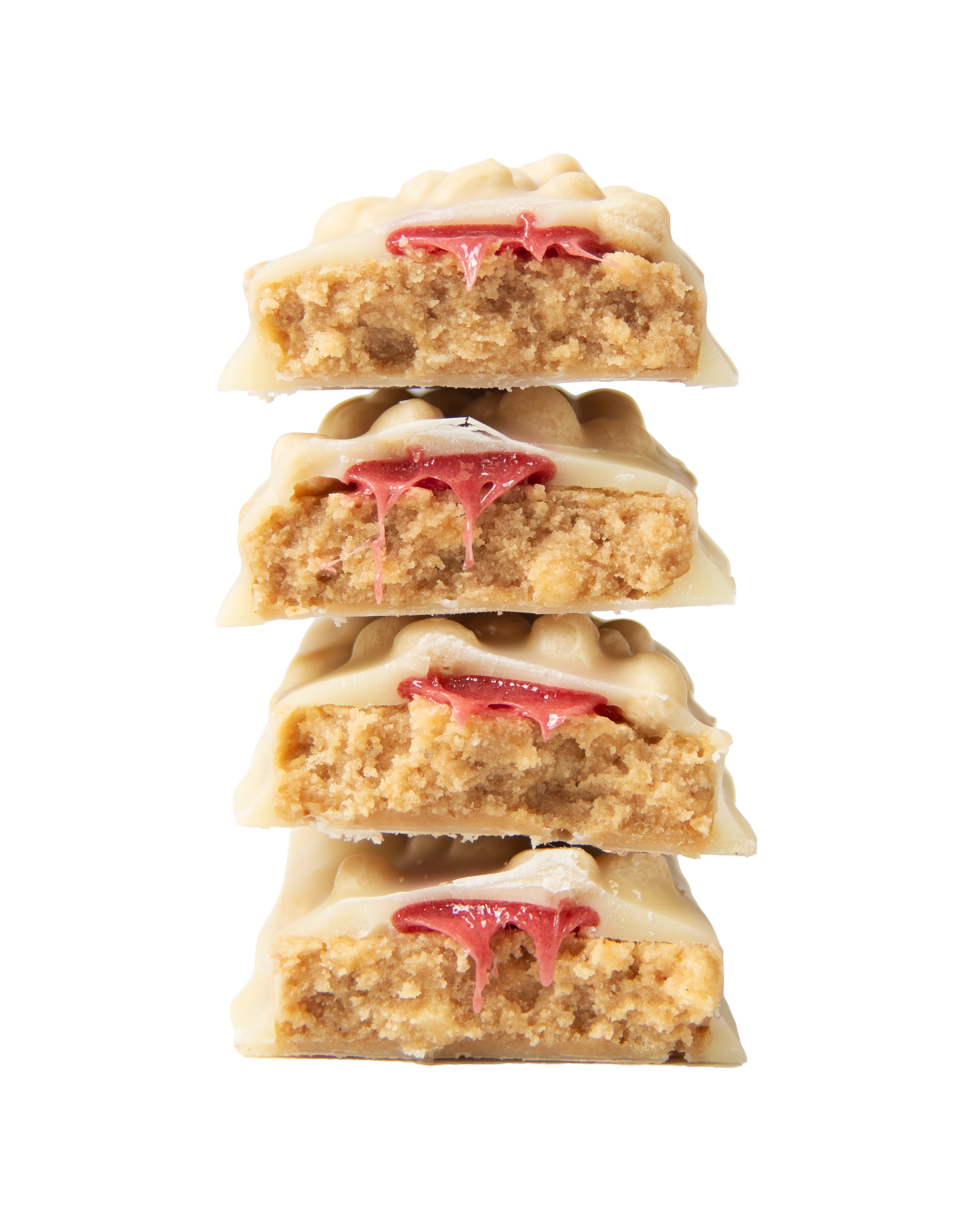stack of yubibar Raspberry Ripple Protein Bars showing the inside
