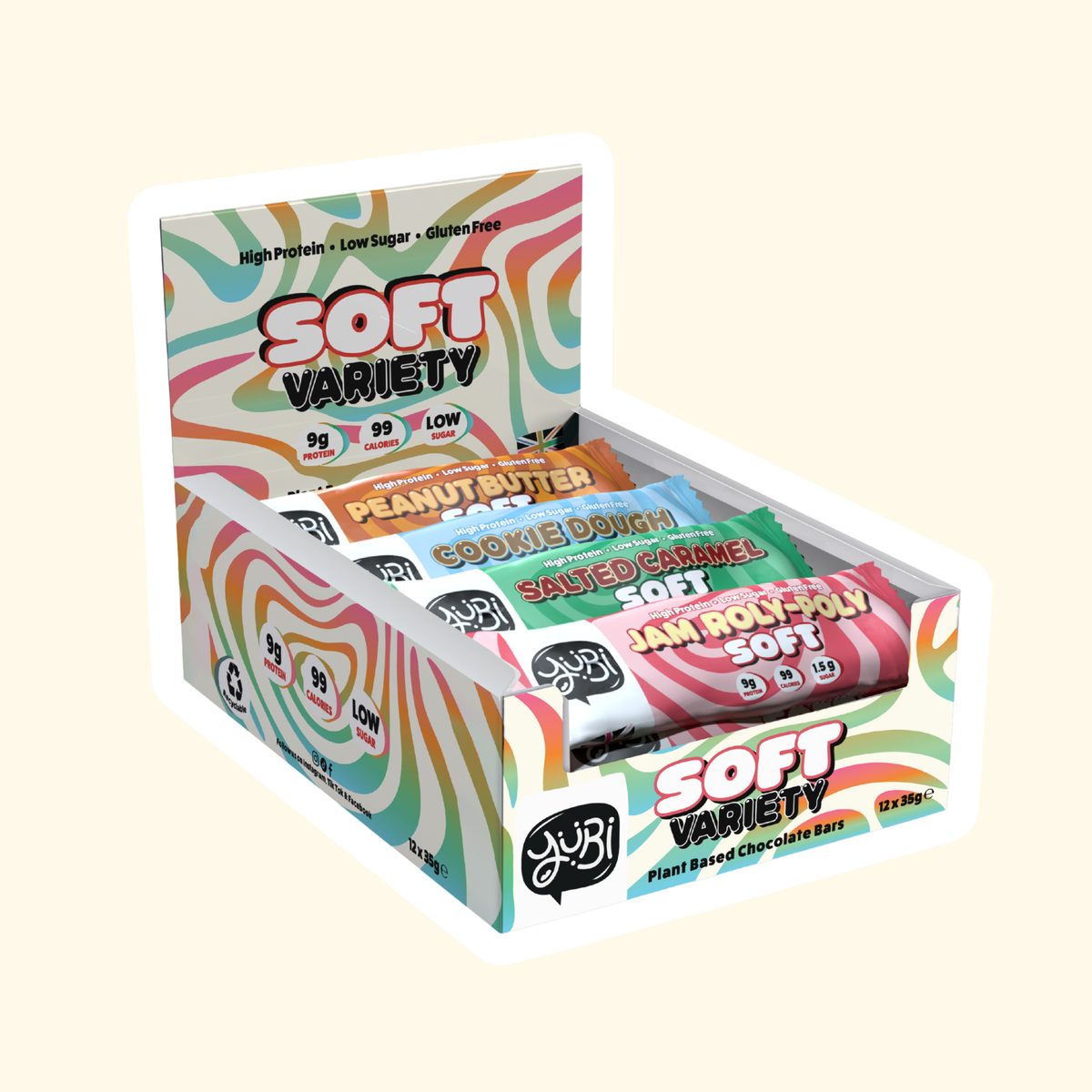 YuBi Soft Variety box of 12 protein bars, 3 of each flavour