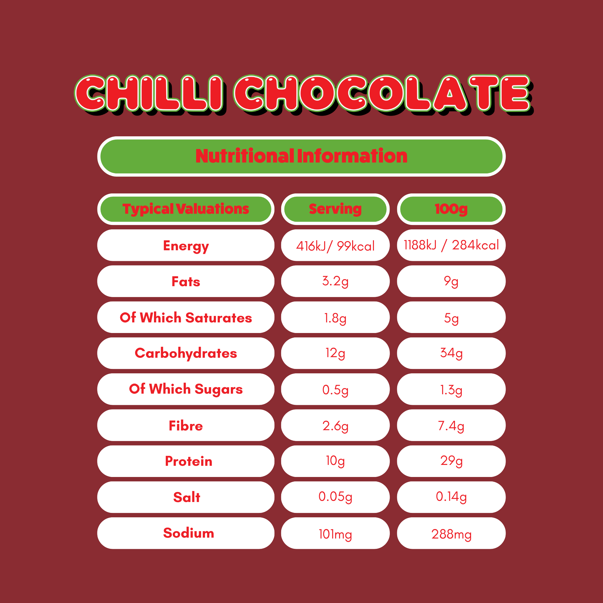 Chilli Chocolate protein bar nutritional information
