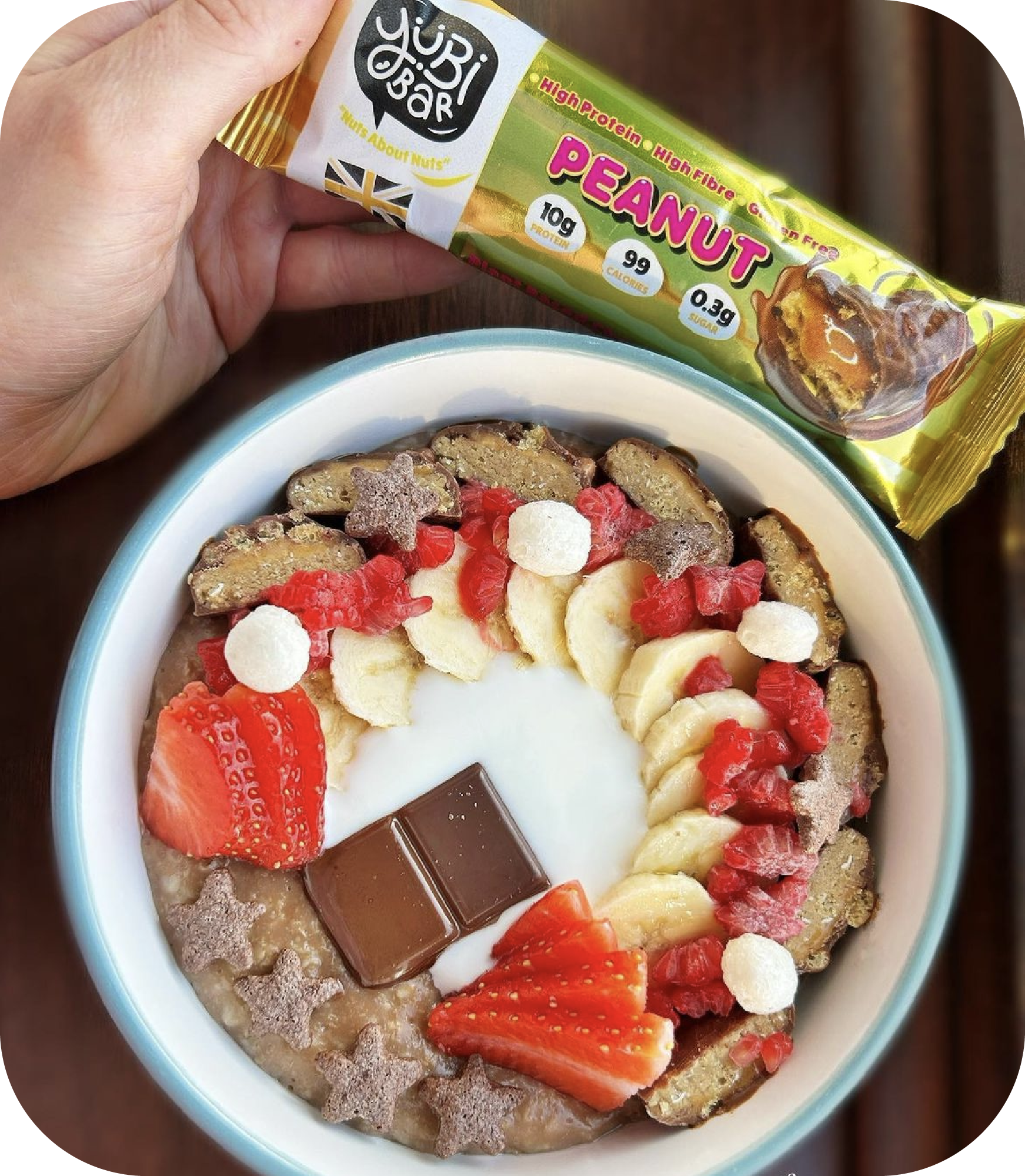 yubibar peanut protein bar in breakfast bowl