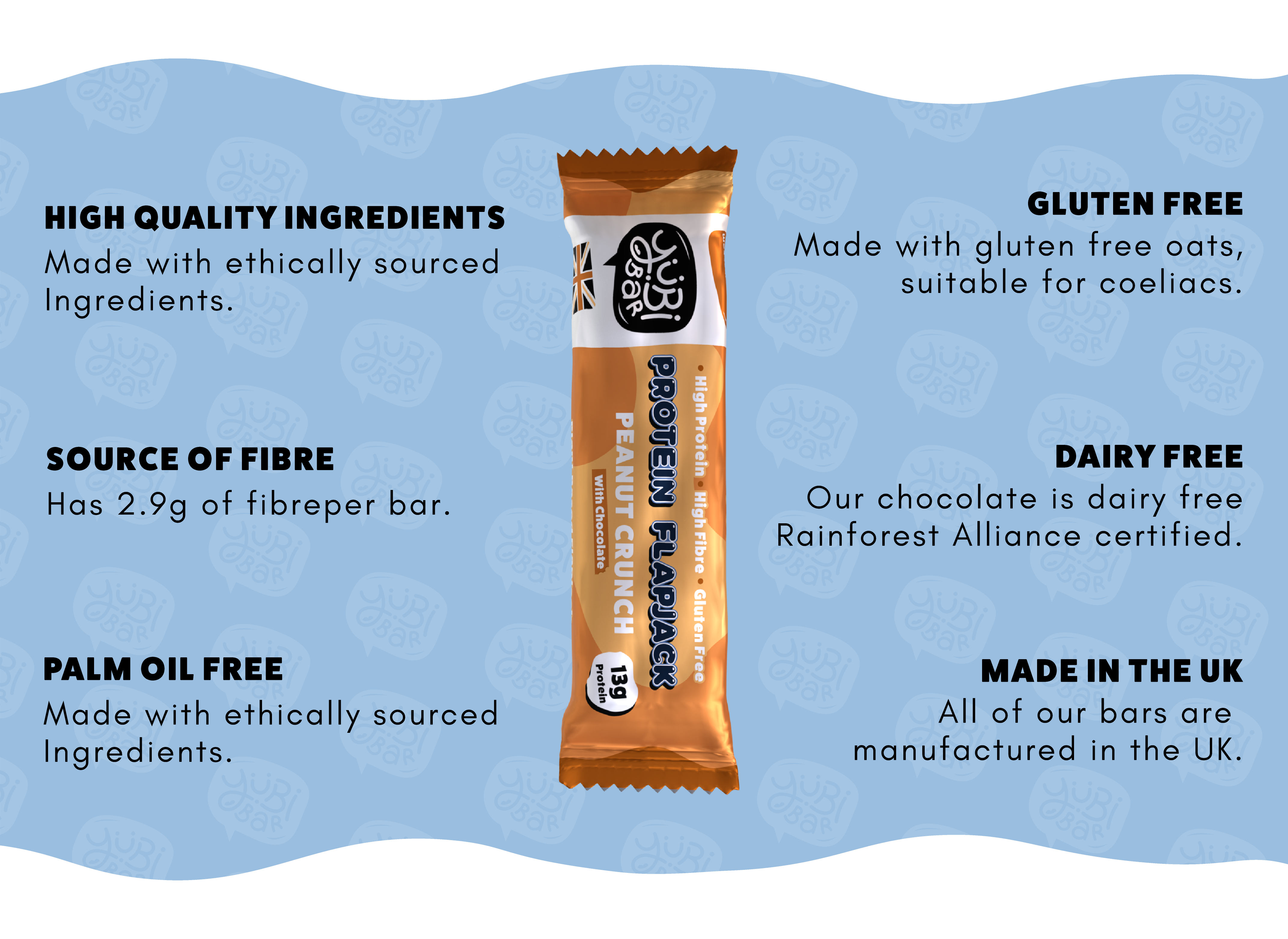 yubibar dairy free low sugar high protein palm oil free high fibre gluten free peanut protein flapjack infographic